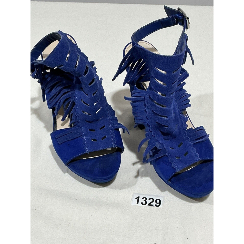 Woman’s Bar111 Size 8 Blue Suede Fringe High Chunky Heel Buckle Close Sandals